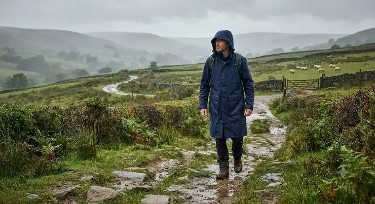 Man wearing a long navy blue waterproof coat walking through a British countryside path during a rainy day. long waterproof coat mens