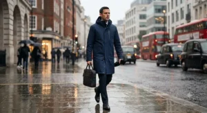 Man in a navy blue long waterproof coat commuting through the city in the rain