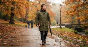 Man in an olive green long waterproof mac strolling through an autumn park in the UK.