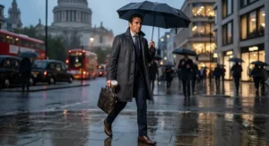 Businessman wearing a tailored long waterproof coat over a suit while commuting in rainy weather.