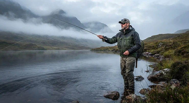 An angler wearing a mens fishing rain jacket while fly fishing by a misty Scottish loch