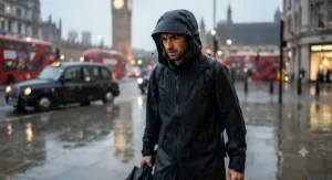 Close-up of a man in a black long waterproof coat with the hood up during a heavy downpour in London.
