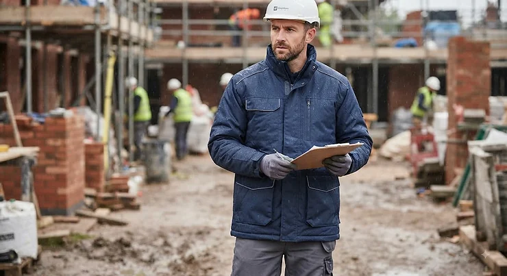 A durable men's navy blue waterproof padded work jacket, perfect for protection against harsh British weather on construction sites.