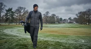 Golfer walking up to the green in cold weather wearing an insulated thermal mens golf waterproof jacket