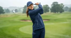 A navy blue women's golf rain jacket designed for comfort and ease of movement during a swing.