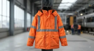 An orange hi-vis waterproof jacket featuring silver reflective strips for safety.
