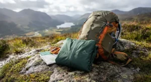 Packable long waterproof coat folded neatly next to a hiking backpack