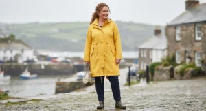 Bright yellow long waterproof coat designed with a relaxed, flattering fit