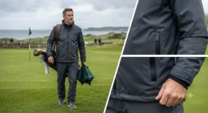 Stylish premium mens golf rain jacket featuring adjustable cuffs and collar