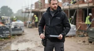 Professional black work waterproof jacket tailored for tradespeople working in wet outdoor environments.