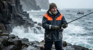 Sea fisherman on a choppy coastline wearing a heavy-duty mens fishing rain jacket