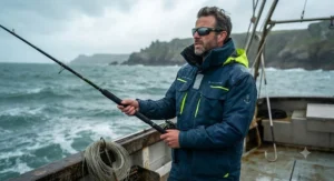 Saltwater-resistant breathable fishing jacket designed for sea fishing off the UK coast