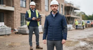 Smart, professional waterproof padded work jacket suitable for site managers and building contractors in the United Kingdom.