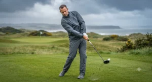 Golfer swinging a club while wearing a flexible stretch-fabric golf rain jacket