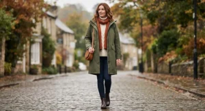 Stylish olive green long waterproof coat styled with casual autumn wear