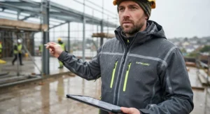 Technical work waterproof jacket featuring taped seams and waterproof zips for superior weather protection.