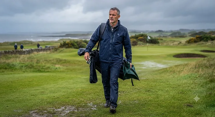 Man wearing a navy blue waterproof golf rain jacket on a wet British golf course