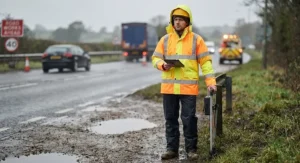 High-visibility work waterproof jacket meeting safety standards for roadside and infrastructure maintenance.