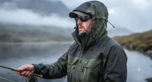 Close-up of a breathable mens fishing rain jacket featuring a fully adjustable storm hood