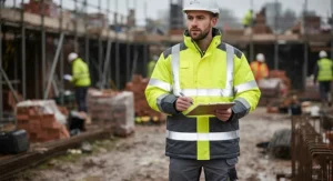 High-visibility waterproof padded work jacket featuring reflective strips for enhanced safety during dark winter shifts.