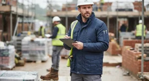 Practical waterproof padded work jacket with deep, secure pockets for storing tools and essentials on the job.