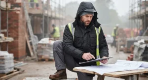 Professional outdoor worker wearing a black waterproof padded work jacket with a detachable hood for extra rain protection.