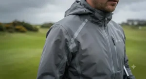 Close-up of a grey windproof golf rain jacket showing taped waterproof seams