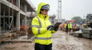 A female worker wearing a fitted hi-vis waterproof jacket during a rainy shift.