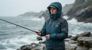 A female angler wearing an ergonomically tailored women's best fishing jacket with an adjustable storm hood in the rain.