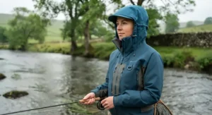 Woman in a practical breathable fishing jacket featuring an adjustable storm hood