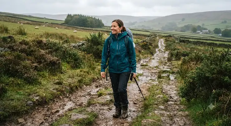 Woman wearing a waterproof womens hiking jacket while walking on a muddy trail in the British countryside
