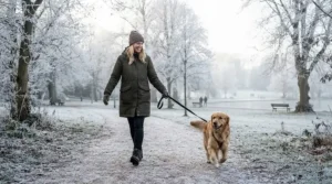 Person walking a dog in a park during winter wearing a warm insulated waterproof parka
