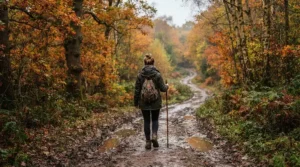 A man wearing the best wax jacket walking along a muddy path in the British countryside during autumn