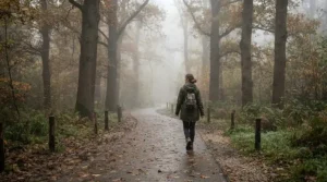 A dog walker wearing the best wax jacket on a morning stroll through a foggy British urban park