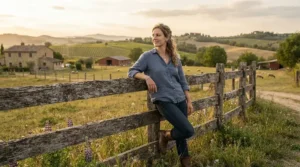 A farmer leaning against a wooden gate wearing the best wax jacket on a traditional British farm yard