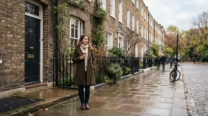 A woman styling the best wax jacket while walking past historic Georgian townhouses in a British city