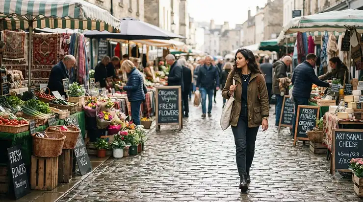 A shopper wearing the best wax jacket browsing stalls at a bustling historic British farmers market