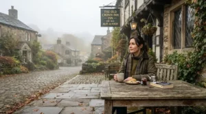 A friend wearing the best wax jacket sitting outdoors at a rustic British country pub during a light drizzle