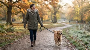 Woman in a burgundy waterproof padded coat walking her dog on a frosty morning