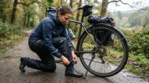Cyclist adjusting secure ankle straps on cycling waterproof trousers before a wet morning ride.
