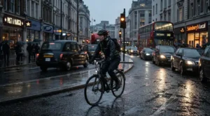 A commuter wearing cycling waterproof trousers while riding past iconic red double-decker buses in the rain.