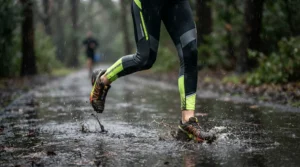 Detailed view of cycling waterproof trousers featuring high-vis panels during a downpour.
