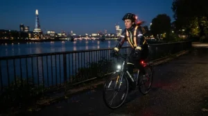 Cyclist in reflective cycling waterproof trousers cycling along a dimly lit canal towpath at dusk.