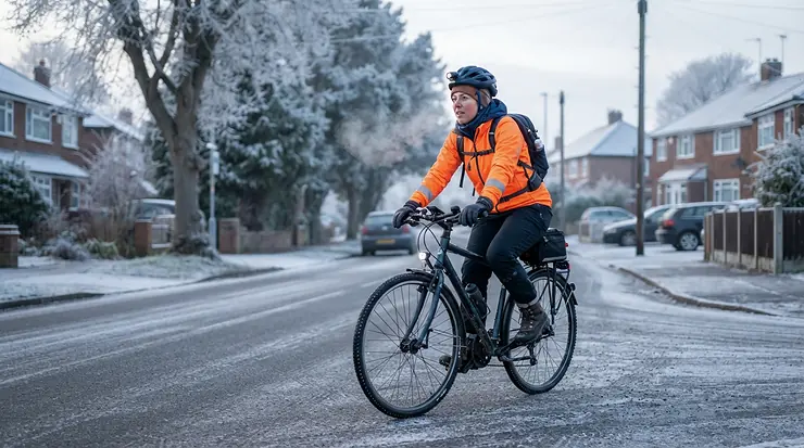 Cyclist staying dry in cycling waterproof trousers during a chilly winter drizzle.