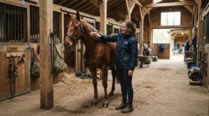 A person in a breathable equestrian waterproof jacket grooming a chestnut horse inside a traditional barn.