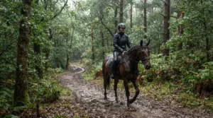 Hacking out through woodland tracks in the New Forest while wearing an equestrian waterproof jacket.