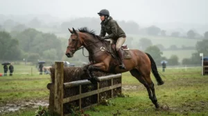 Showjumper clearing an oxer fence wearing a lightweight equestrian waterproof jacket on a damp autumn morning.
