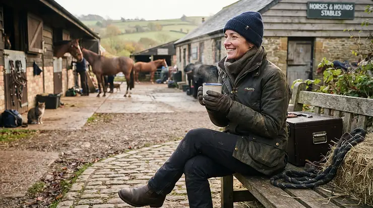 Rider relaxing outside the stable yard holding a mug of tea while wearing an equestrian waterproof jacket.