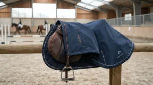 An equestrian waterproof jacket featuring a saddle-cut hem draped over a dressage saddle in an arena.
