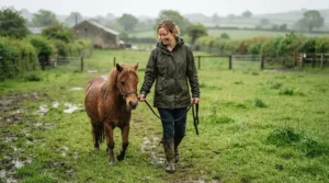 A rider in a durable equestrian waterproof jacket leading a pony through a Somerset paddock in drizzle.